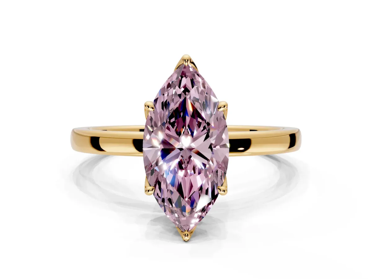 Solitaire Engagement Ring Setting for Fancy Pink Marquise Center with Thin Rounded Plain Band and Prong Head in Yellow Gold