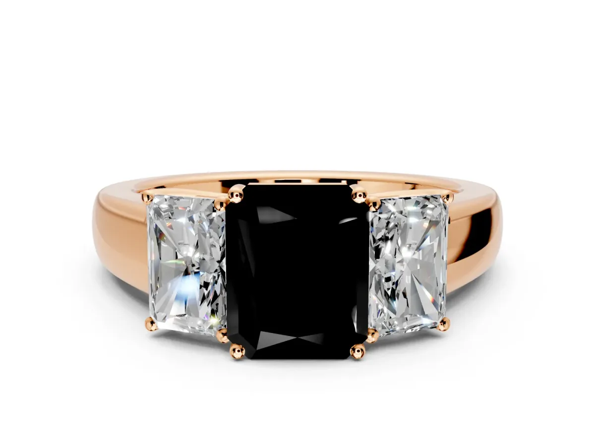 3 Stone Engagement Ring Setting for Fancy Black Radiant Cut Center with Raised Basket Heads and Prong Head in Rose Gold