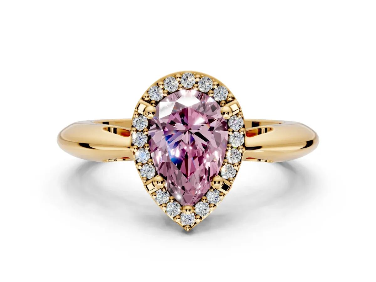 Halo Engagement Ring Setting for Fancy Pink Pear-Shaped Center with Tapered Plain Band and Prong Head in Yellow Gold