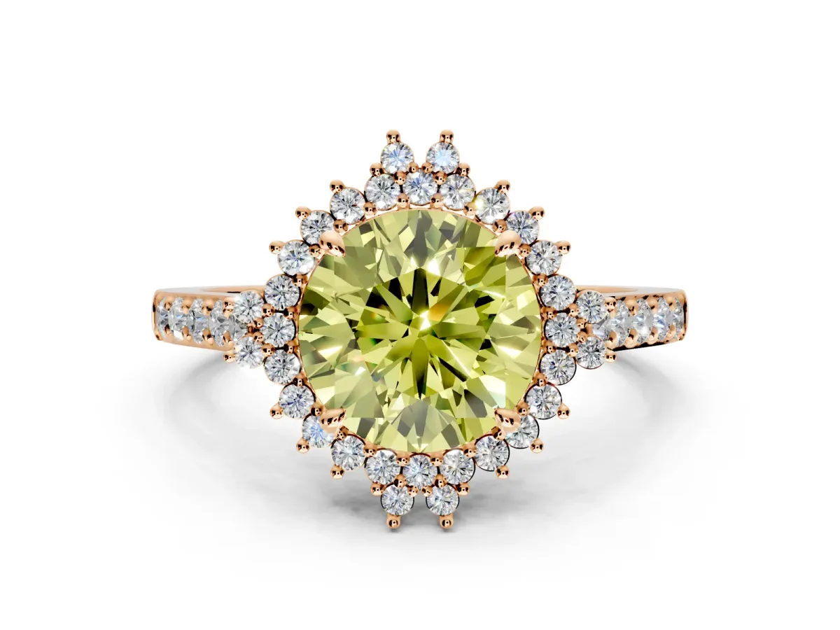 Sunburst Halo Engagement Ring Setting for Fancy Yellow Round Cut Center with Pave Band and Prong Head in Rose Gold