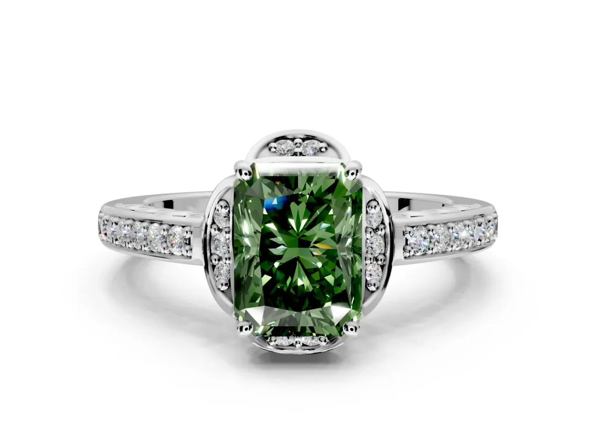 Floral Engagement Ring Setting for Fancy Green Radiant Cut Center with Four Accent Clusters and Prong Head in Platinum