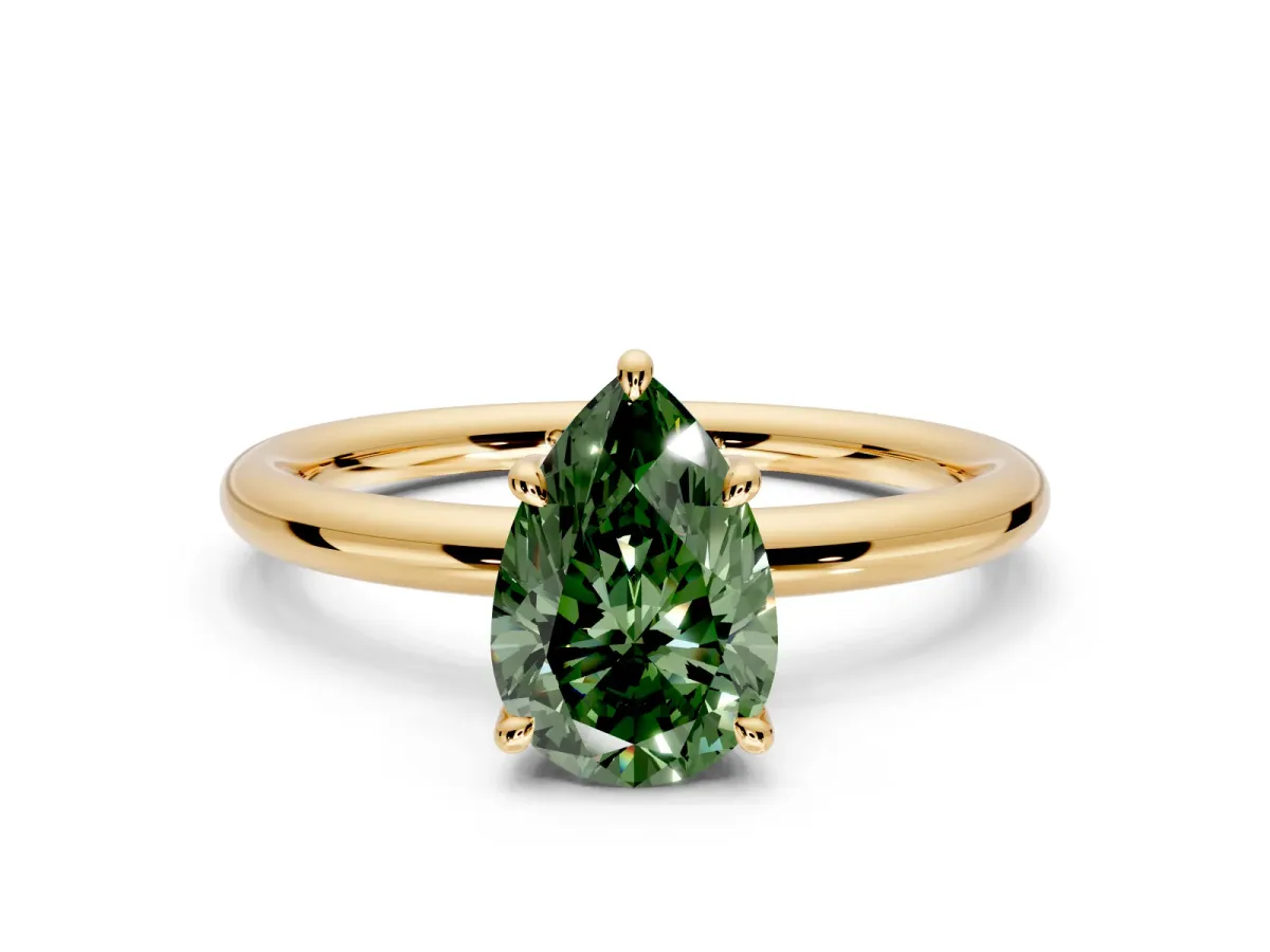 Hidden Halo Engagement Ring Setting for Fancy Green Pear-Shaped Center with Thin Rounded Band and Prong Head in Yellow Gold