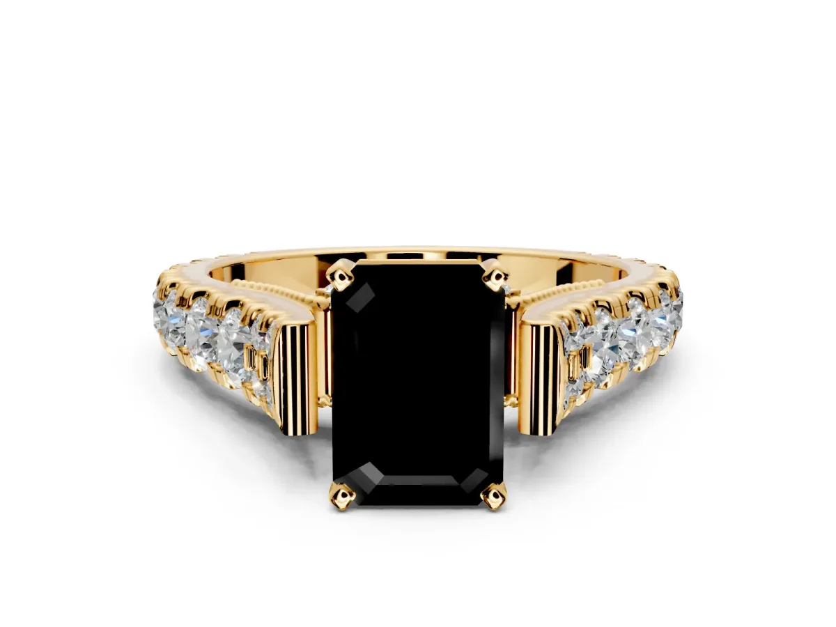 Solitaire Engagement Ring Setting for Fancy Black Emerald Cut Center with Pave Cathedral Shoulders and Prong Head in Yellow Gold
