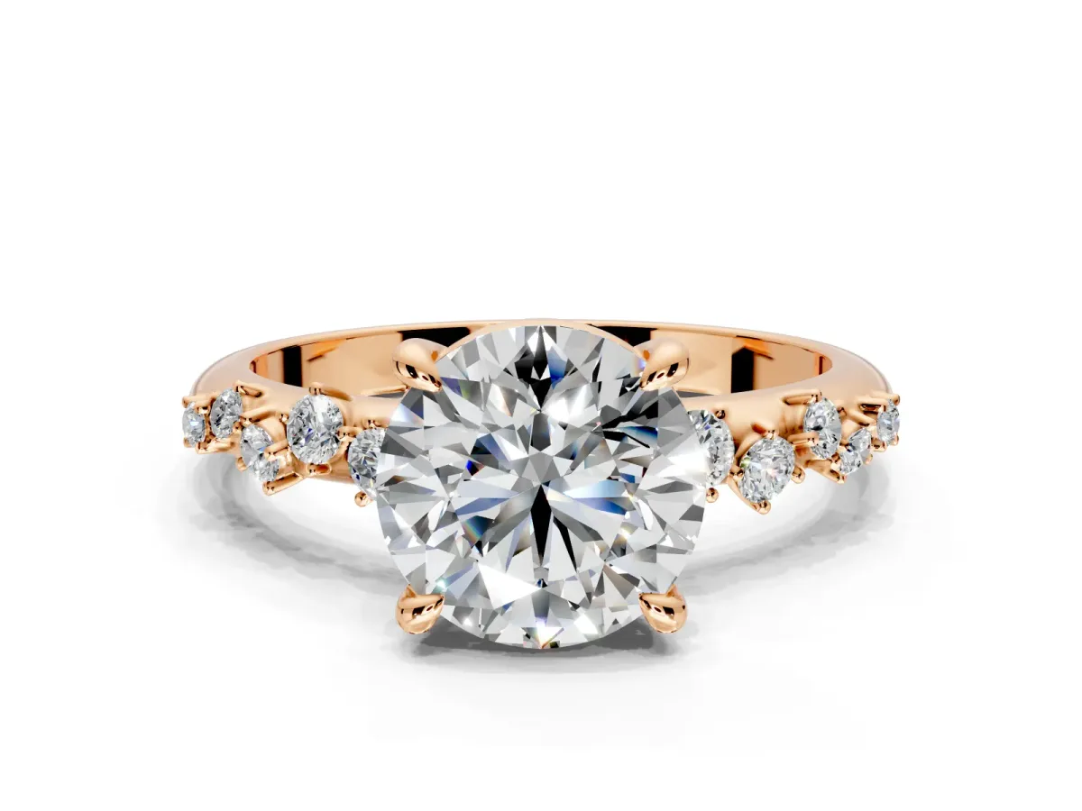 Solitaire Engagement Ring Setting for Round Cut Center with Trailing Leaf Accent Band and Prong Head in Rose Gold