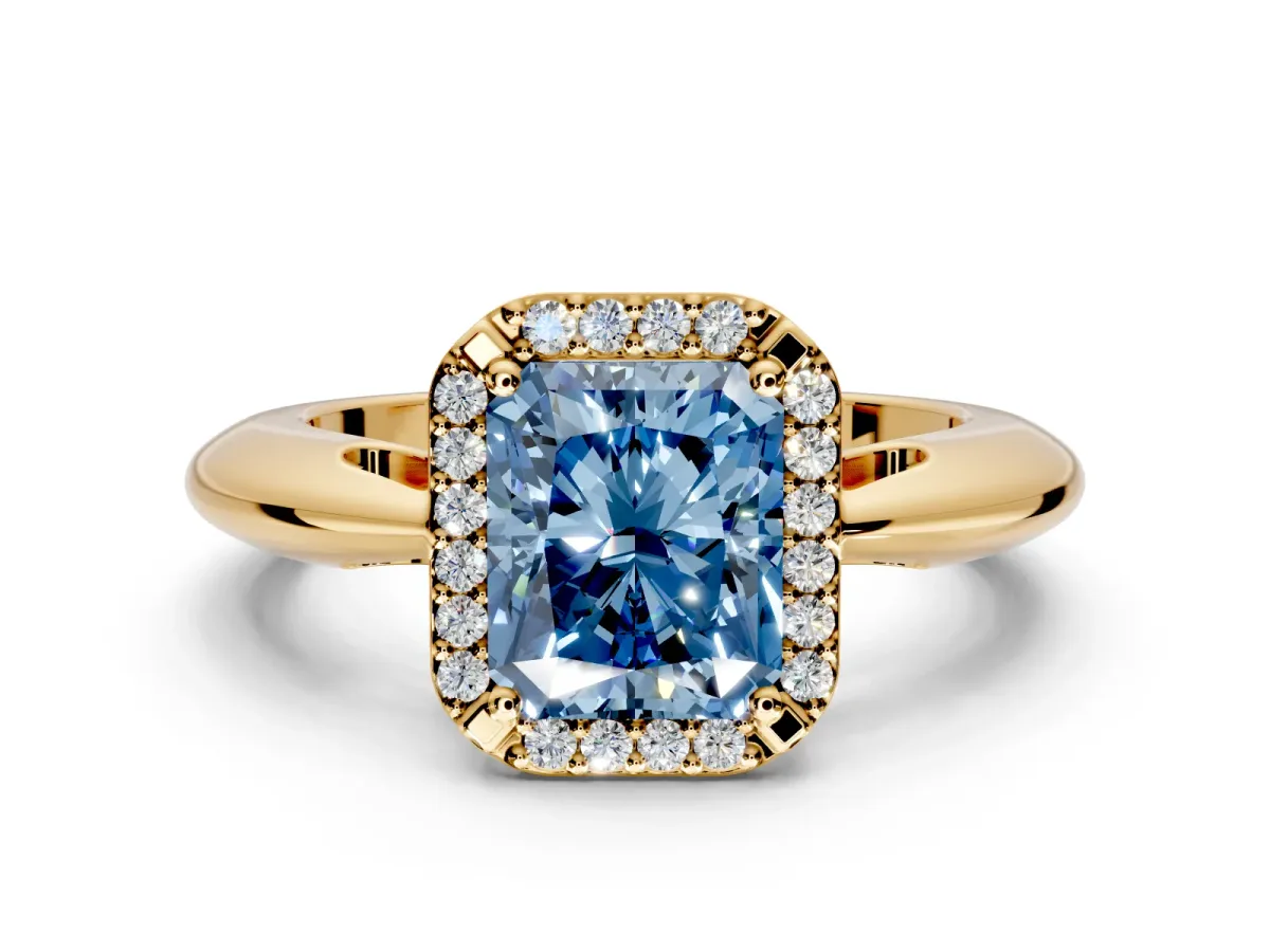 Halo Engagement Ring Setting for Fancy Blue Radiant Cut Center with Tapered Plain Band and Prong Head in Yellow Gold