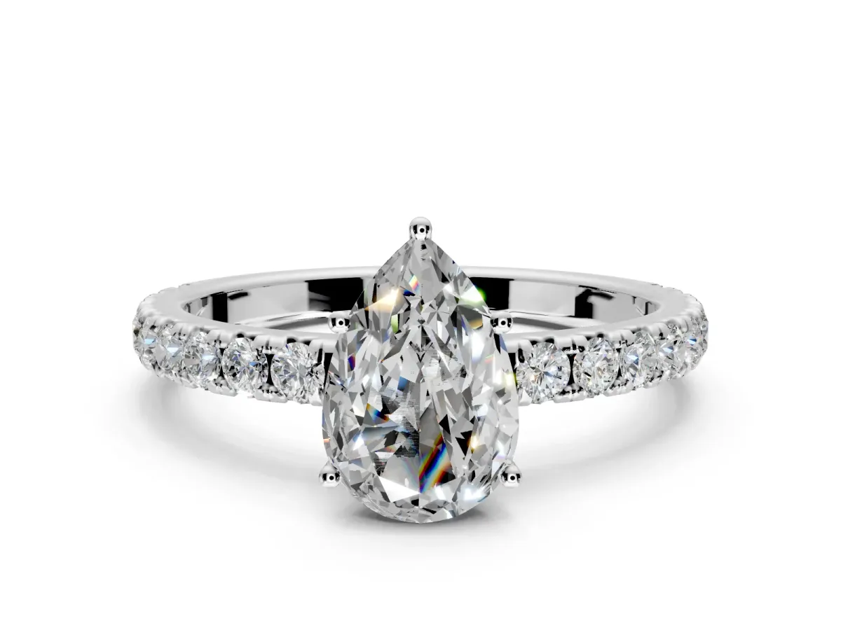 Solitaire Engagement Ring Setting for Pear-Shaped Center with Large Accent Band and Prong Head in Sterling Silver
