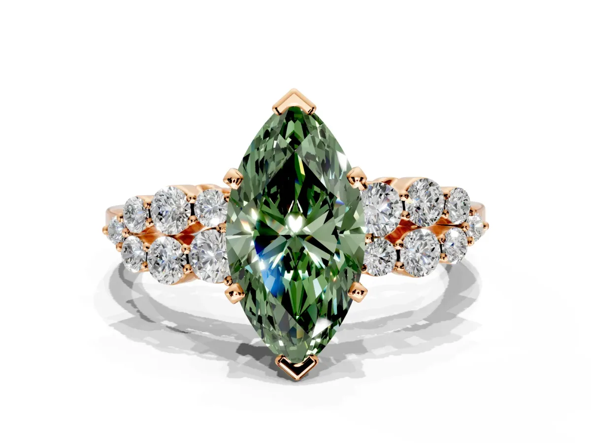 Cluster Engagement Ring Setting for Fancy Green Marquise Center with 2-Row Shoulder Clusters and Prong Head in Rose Gold