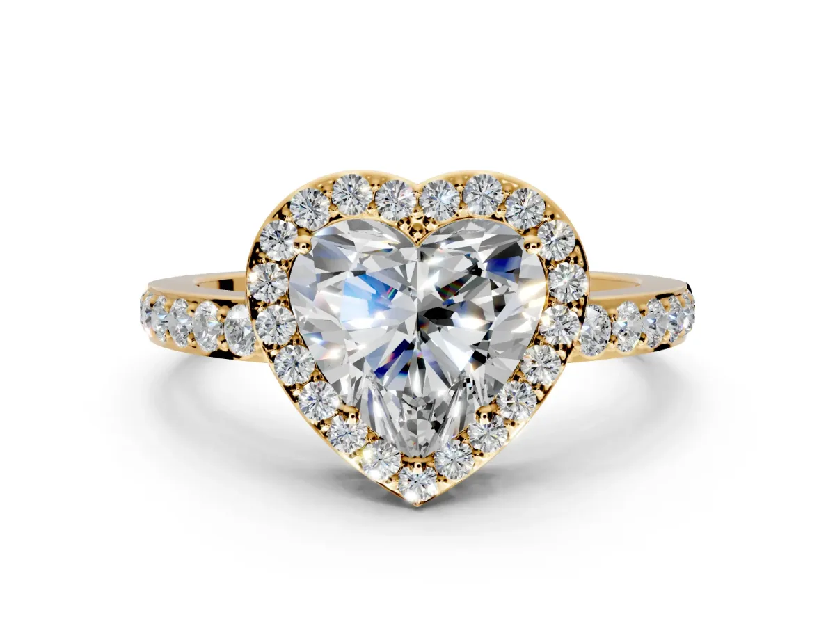 Halo Engagement Ring Setting for Heart-Shaped Center with Heart-Shaped Openwork, Pave Band and Prong Head in Yellow Gold