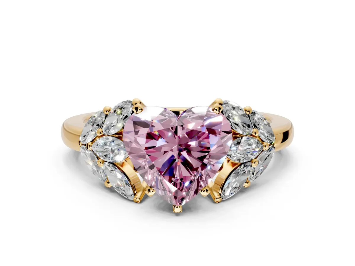 Leaf Cluster Engagement Ring Setting for Fancy Pink Heart-Shaped Center with Marquise Accents and Prong Head in Yellow Gold