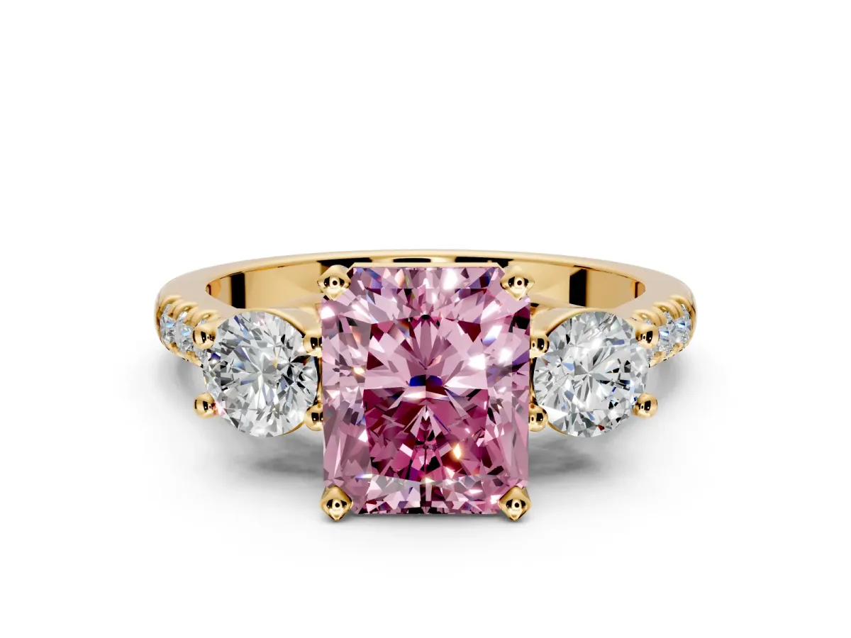 3 Stone Engagement Ring Setting for Fancy Pink Radiant Cut Center with Crossover Basket, Pave Band and Prong Head in Yellow Gold
