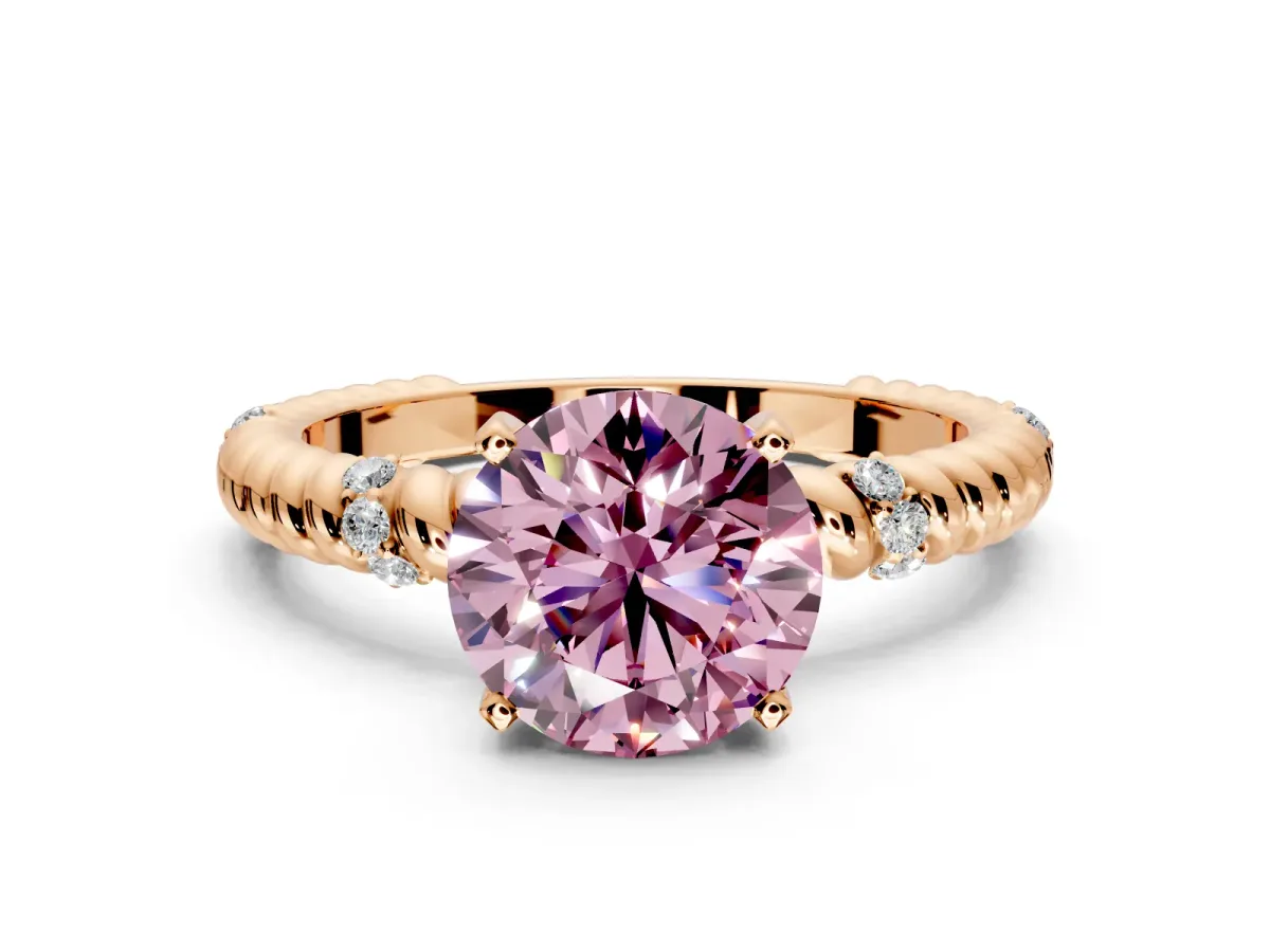 Rope Engagement Ring Setting for Fancy Pink Round Cut Center with Accent Shoulders and Prong Head in Rose Gold