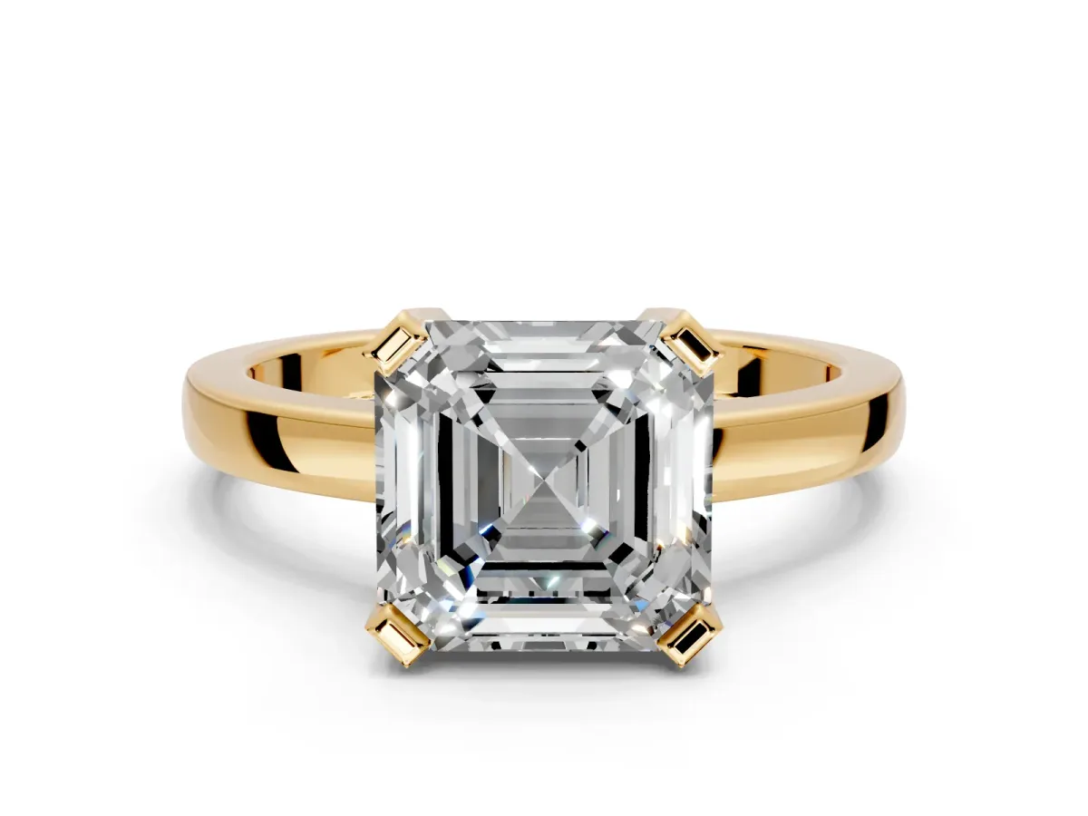 Solitaire Engagement Ring Setting for Asscher Cut Center with Plain Band and Flat Tab Prong Head in Yellow Gold
