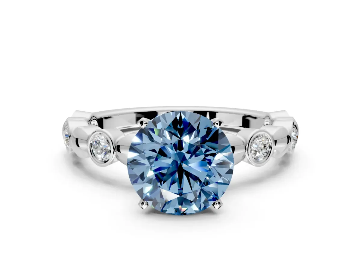 Solitaire Engagement Ring Setting for Fancy Blue Round Cut Center with Beaded Bezel Station Band and Prong Head in Platinum
