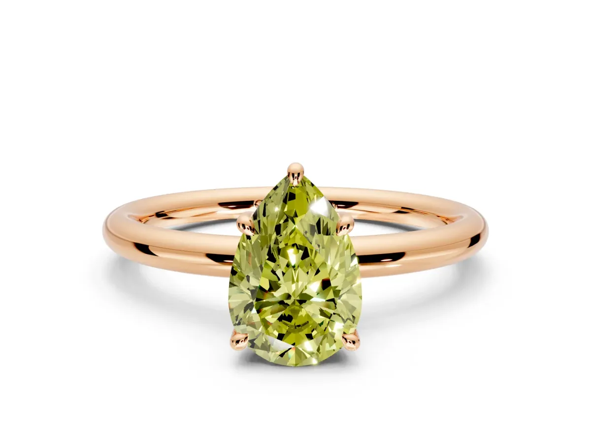 Hidden Halo Engagement Ring Setting for Fancy Yellow Pear-Shaped Center with Thin Rounded Band and Prong Head in Rose Gold