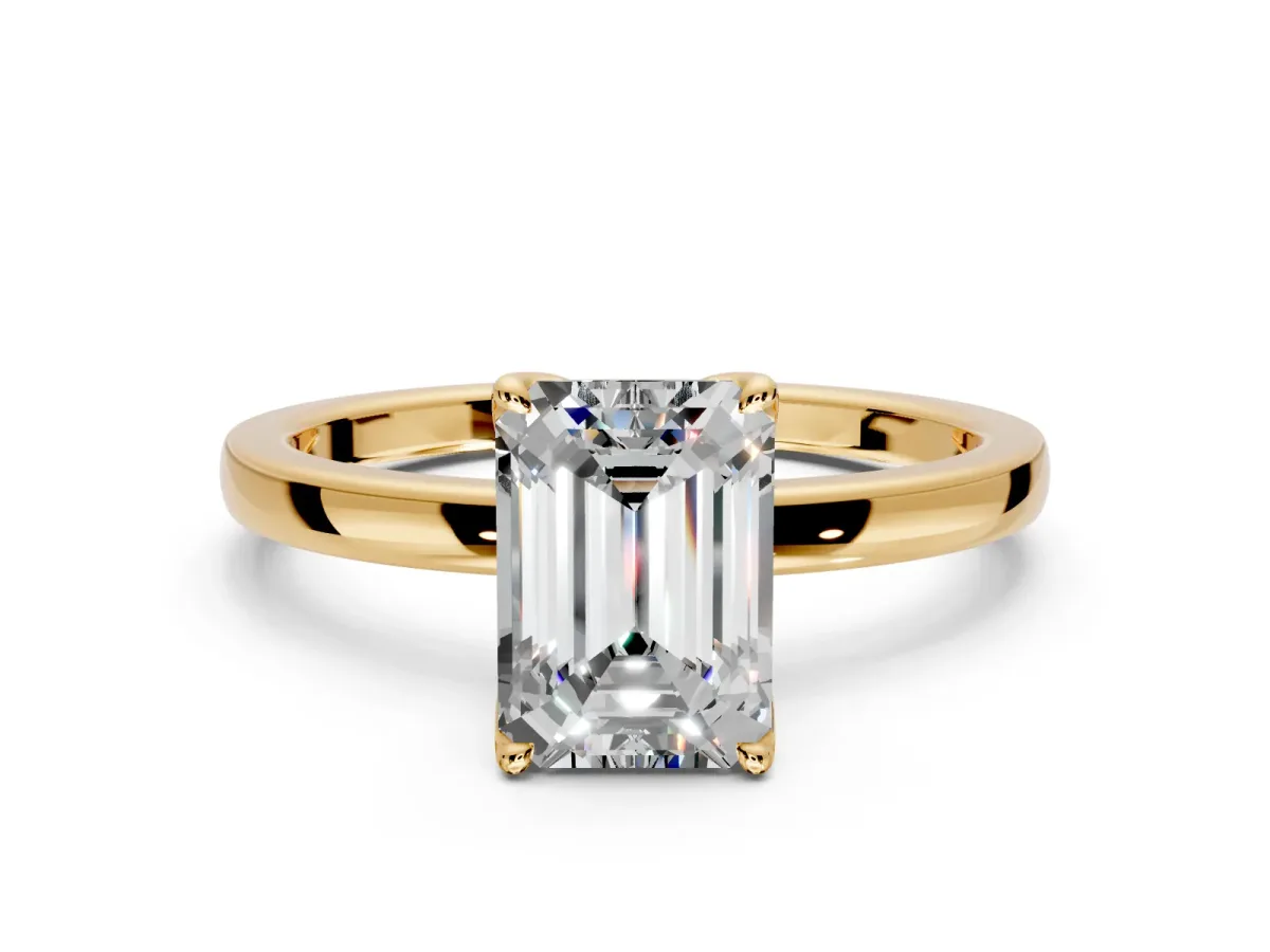 Solitaire Engagement Ring Setting for Emerald Cut Center with Thin Rounded Plain Band and Prong Head in Yellow Gold