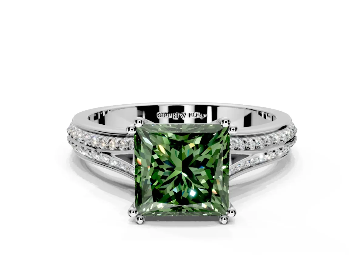 Solitaire Engagement Ring Setting for Fancy Green Princess Cut Center with Pave Rail Split Shank and Prong Head in White Gold