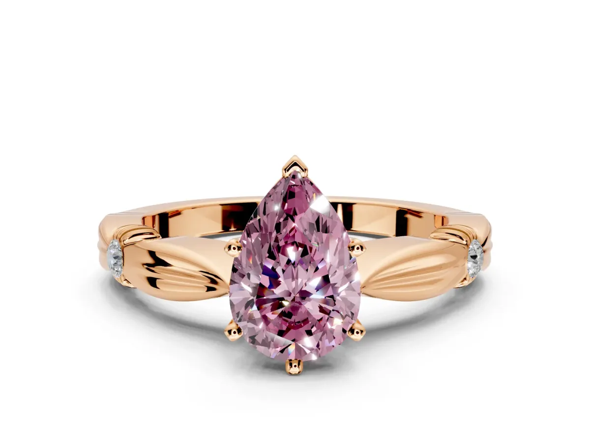 Solitaire Engagement Ring Setting for Fancy Pink Pear-Shaped Center with Carved Leaf Shoulders and Prong Head in Rose Gold