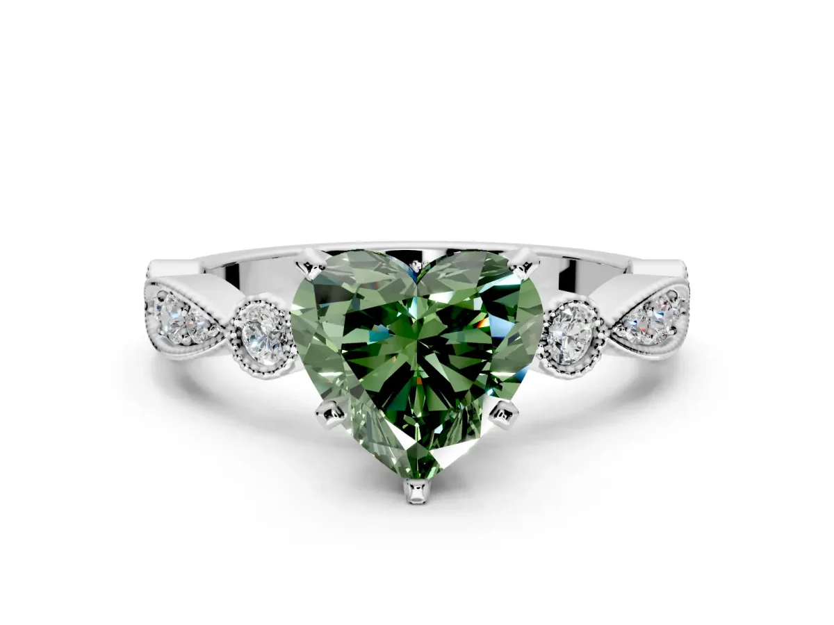 Solitaire Engagement Ring Setting for Fancy Green Heart-Shaped Center with Milgrain Bezel Accents and Prong Head in Platinum