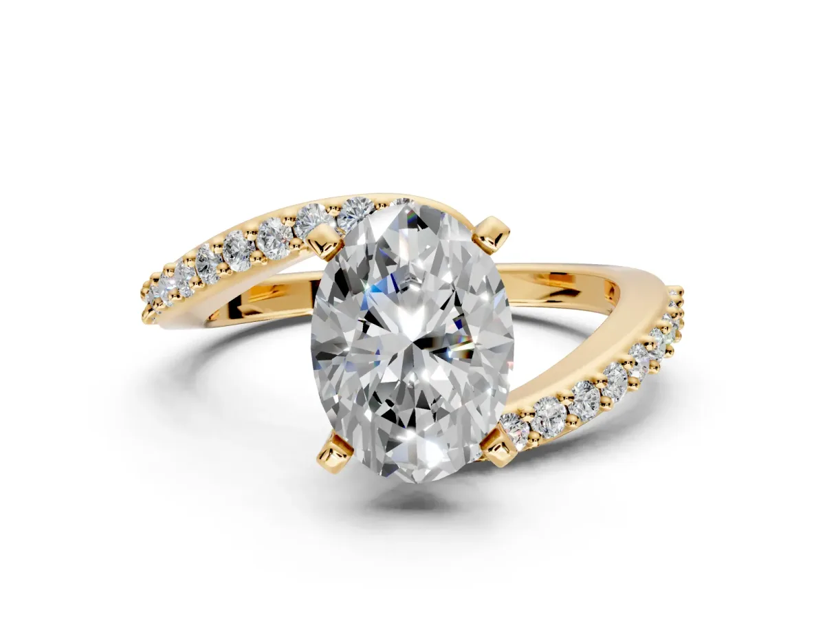 Solitaire Engagement Ring Setting for Oval Center with Pave Bypass Swirl Band and Prong Head in Yellow Gold