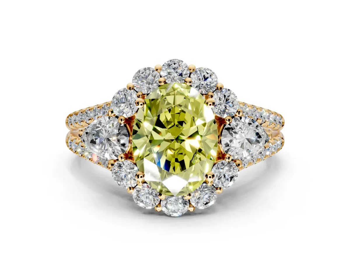 Halo Engagement Ring Setting for Fancy Yellow Oval Center with Two-Strand Split Shank and Prong Head in Yellow Gold