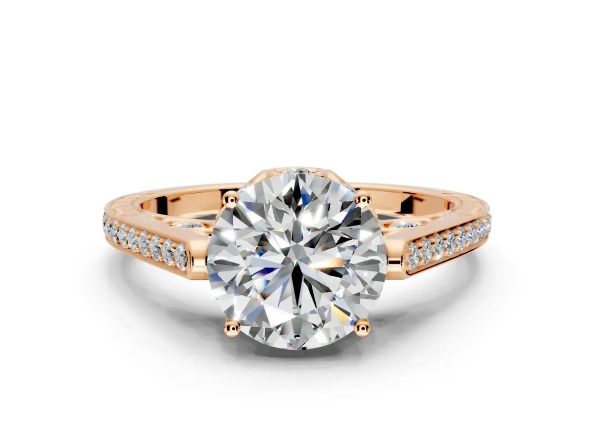 Cathedral Engagement Ring Setting for Round Cut Center with Antique-Style Pave Band and Prong Head in Rose Gold