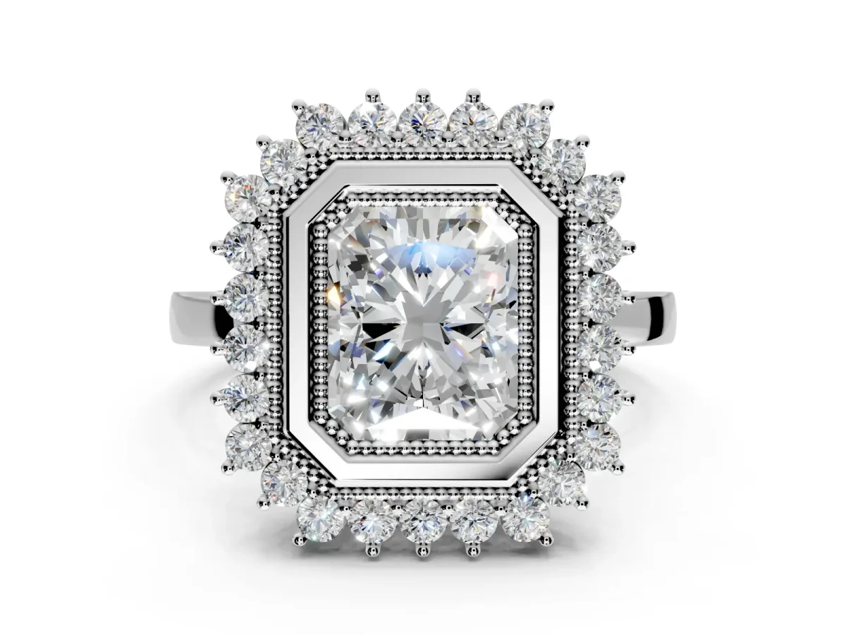 Halo Engagement Ring Setting for Radiant Cut Center with Milgrain Bezel Rim, Plain Band and Prong Head in Sterling Silver