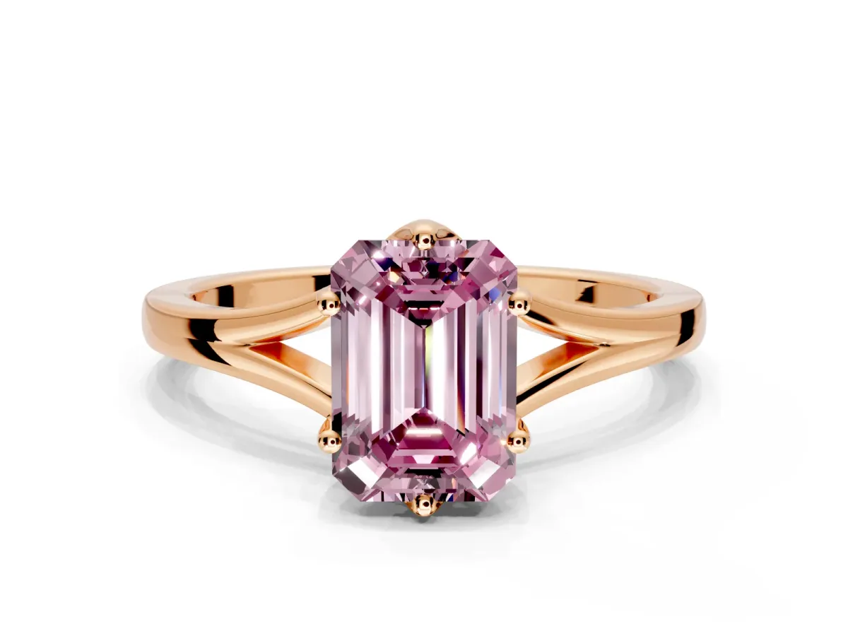 Solitaire Engagement Ring Setting for Fancy Pink Emerald Cut Center with Plain Split Shank and Prong Head in Rose Gold