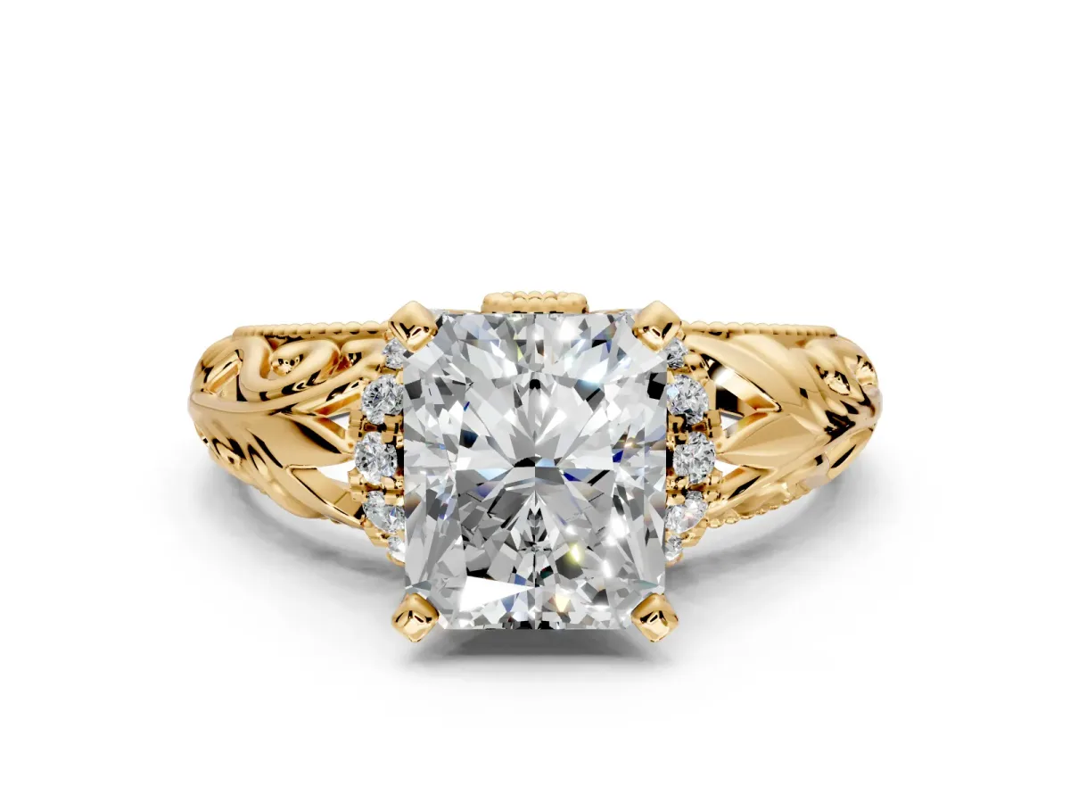 Solitaire Engagement Ring Setting for Radiant Cut Center with Filigree Accent Basket and Prong Head in Yellow Gold