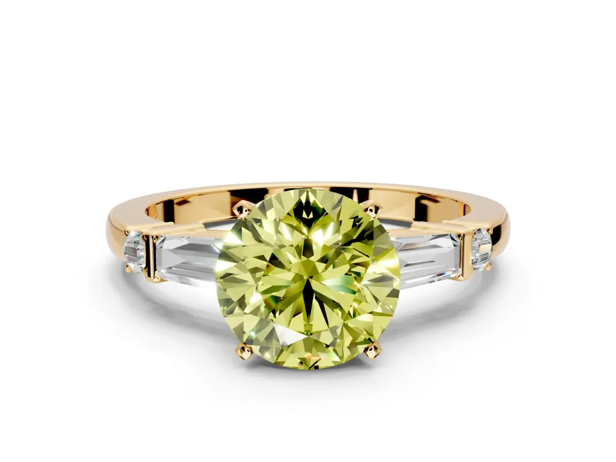 Bar-Set Engagement Ring Setting for Fancy Yellow Round Cut Center with Tapered Baguette Accents and Prong Head in Yellow Gold