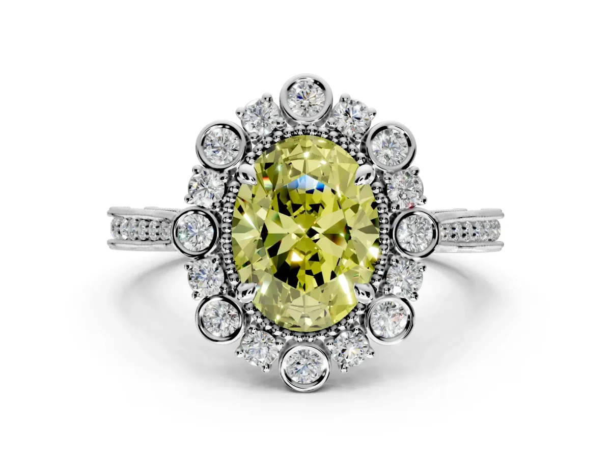 Milgrain Halo Engagement Ring Setting for Fancy Yellow Oval Center with Bezel Point Accents and Prong Head in White Gold