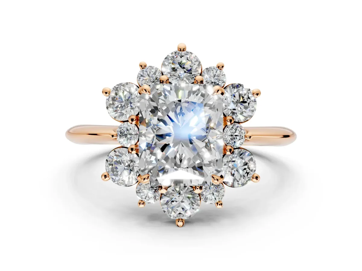 Small-Accent Cluster Halo Engagement Ring Setting for Radiant Cut Center with Plain Band and Prong Head in Rose Gold