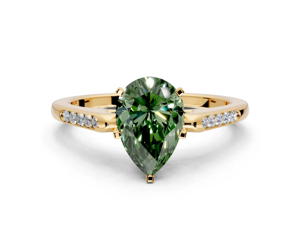 Solitaire Engagement Ring Setting for Fancy Green Pear-Shaped Center with Channel Accents and Prong Head in Yellow Gold