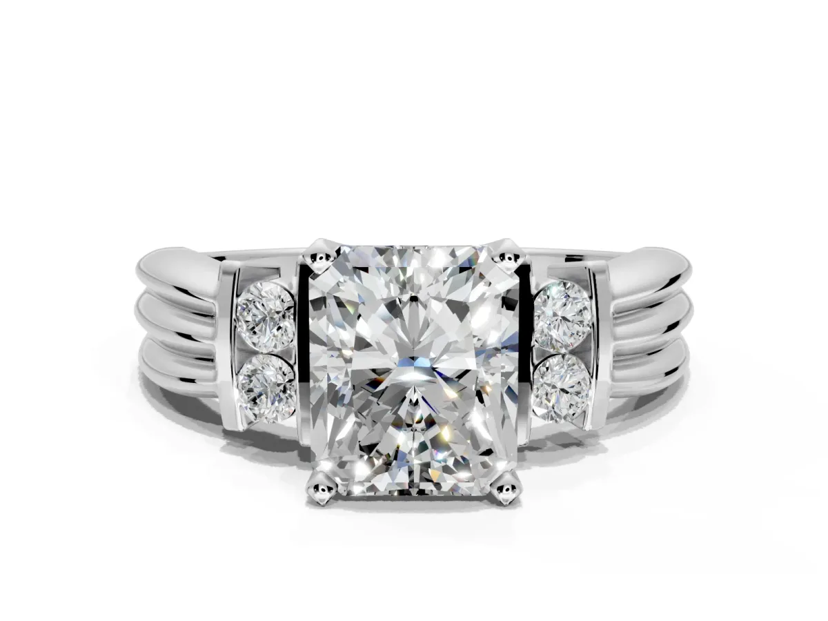 Solitaire Engagement Ring Setting for Radiant Cut Center with Grooved Bar Accent Band and Prong Head in Platinum