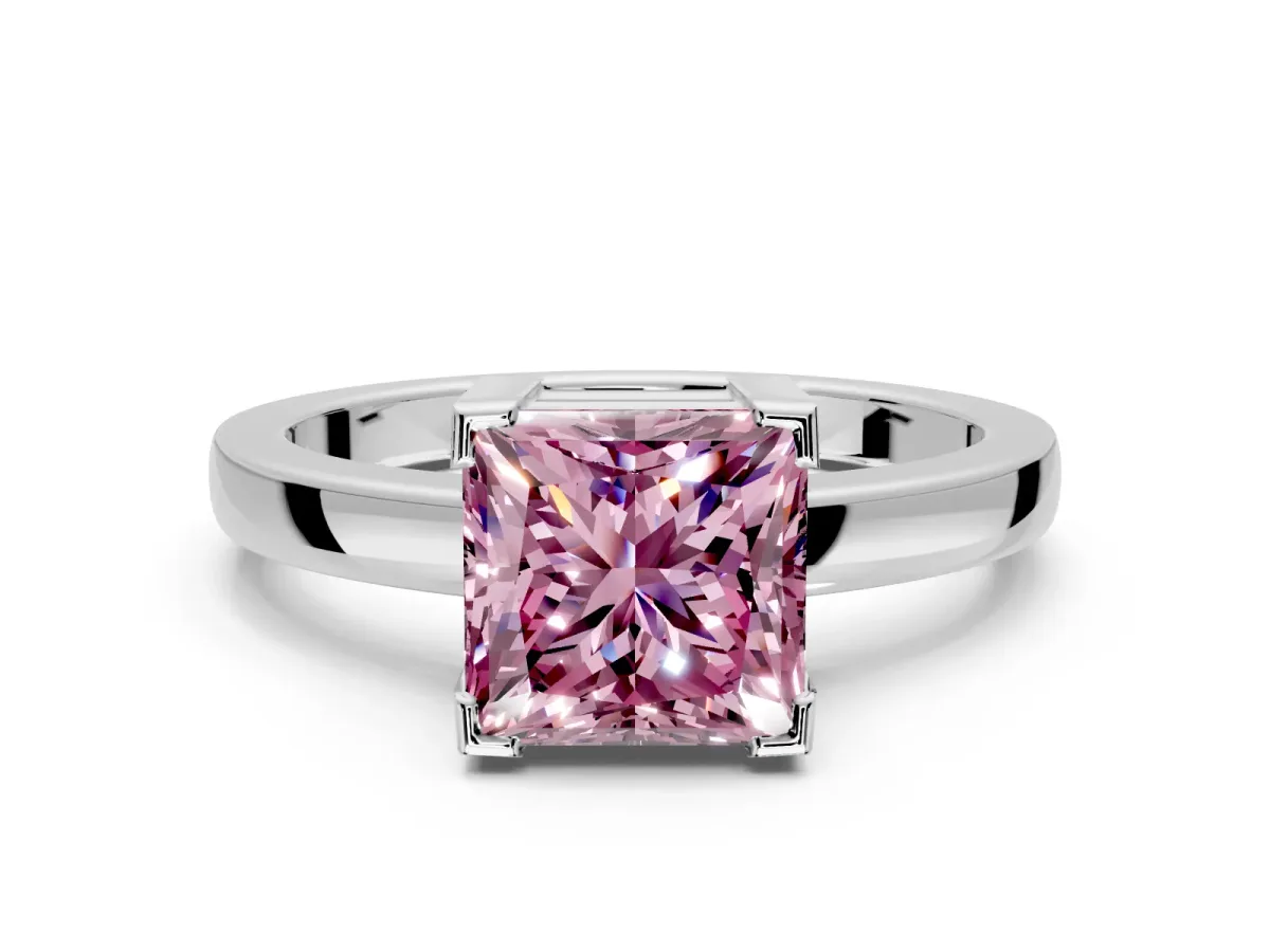 Solitaire Engagement Ring Setting for Fancy Pink Princess Cut Center with Plain Band and Flat Tab Prong Head in White Gold
