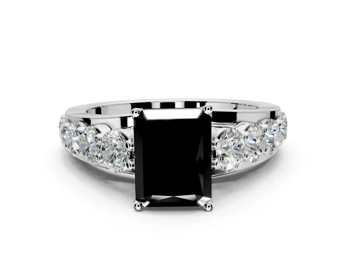 Solitaire Engagement Ring Setting for Fancy Black Radiant Cut Center with Graduated Shared Prongs and Prong Head in Platinum