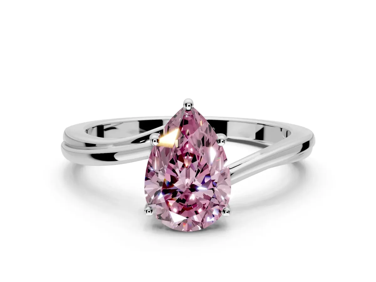 Solitaire Engagement Ring Setting for Fancy Pink Pear-Shaped Center with Plain Bypass Twist Band and Prong Head in White Gold
