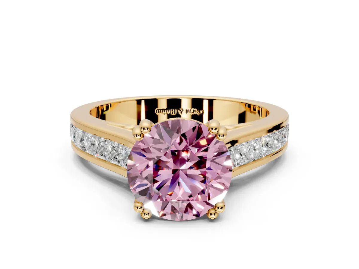 Solitaire Engagement Ring Setting for Fancy Pink Round Cut Center with Channel Band and Double Claw Prong Head in Yellow Gold