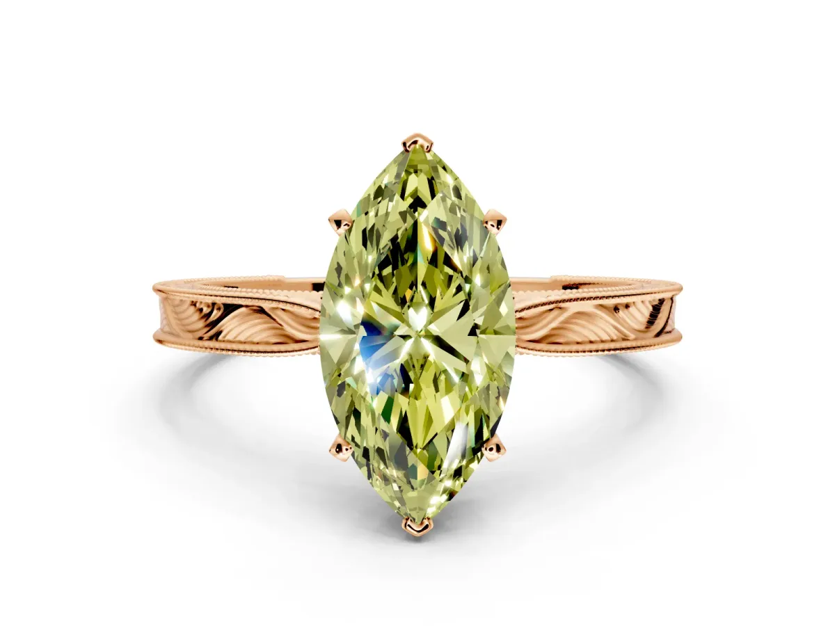 Solitaire Engagement Ring Setting for Fancy Yellow Marquise Center with Engraved Milgrain Band and Prong Head in Rose Gold