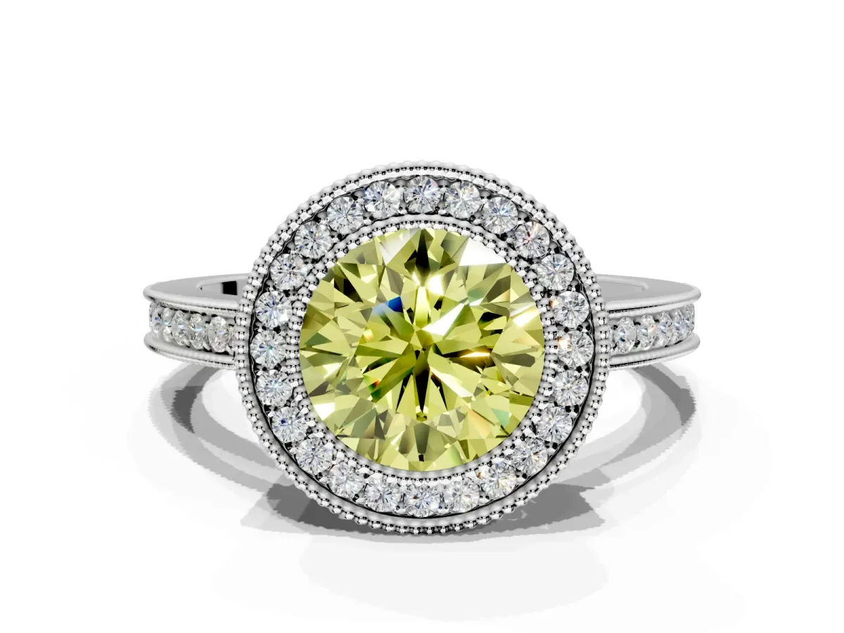 Halo Engagement Ring Setting for Fancy Yellow Round Cut Center with Milgrain Halo, Pave Band and Prong Head in Sterling Silver