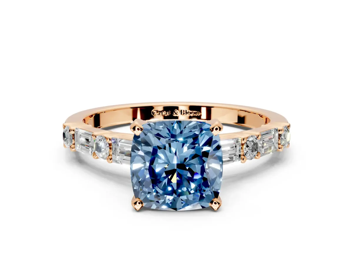Baguette Engagement Ring Setting for Fancy Blue Cushion Cut Center with Alternating Bar-Set Band and Prong Head in Rose Gold