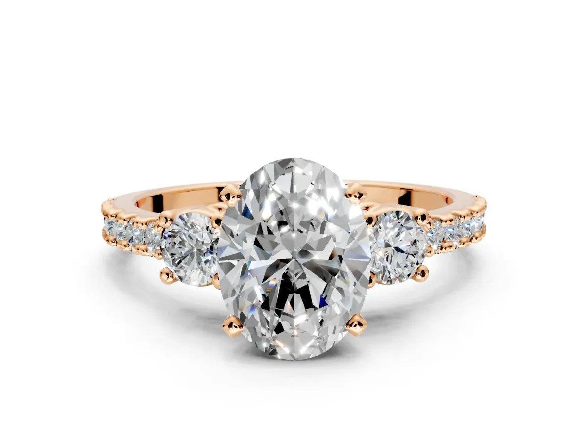 3 Stone Engagement Ring Setting for Oval Center with Round Cut Side Accents and Prong Head in Rose Gold