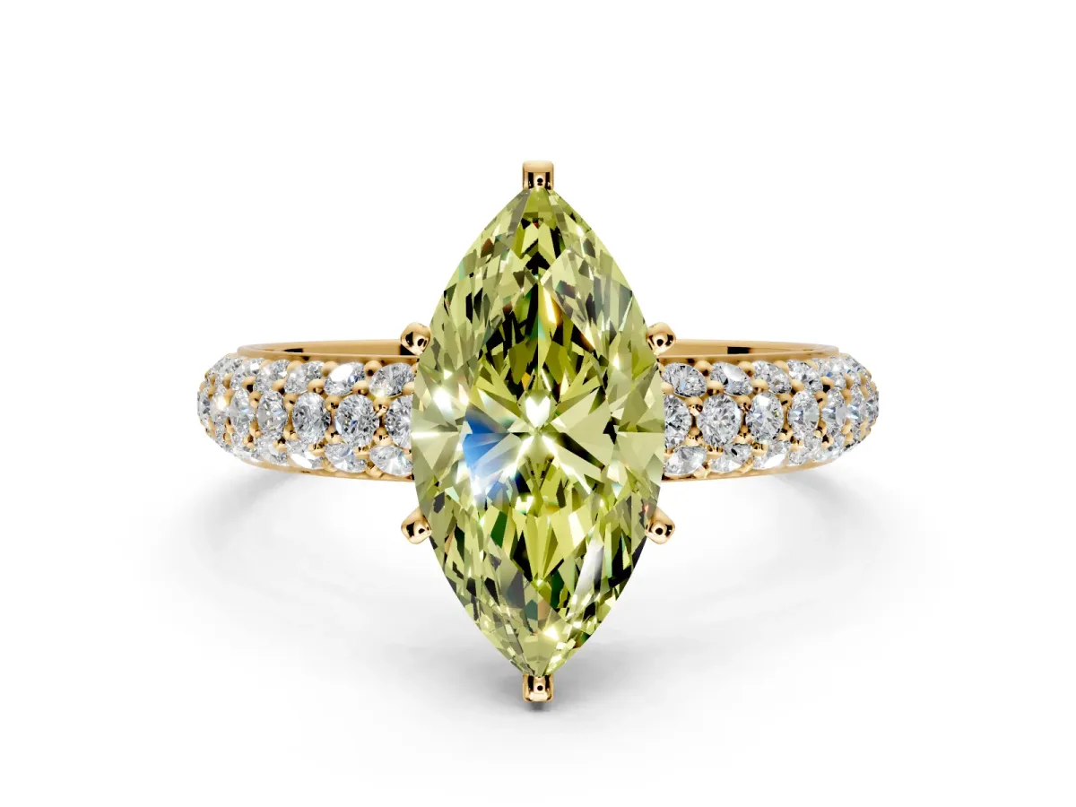 Solitaire Engagement Ring Setting for Fancy Yellow Marquise Center with Domed Multi-Row Pave Band and Prong Head in Yellow Gold
