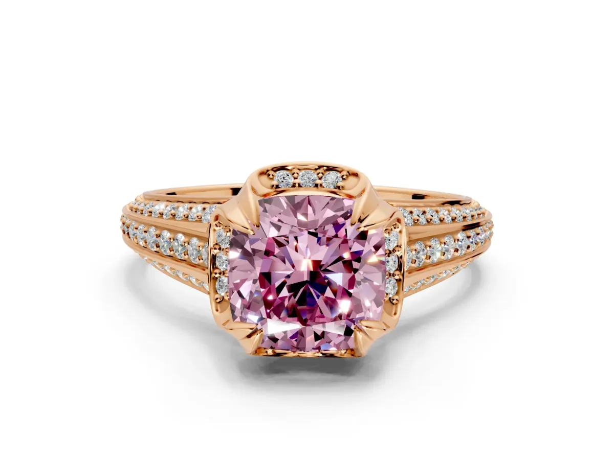Solitaire Engagement Ring Setting for Fancy Pink Cushion Cut Center with Accented Split Shank and Prong Head in Rose Gold