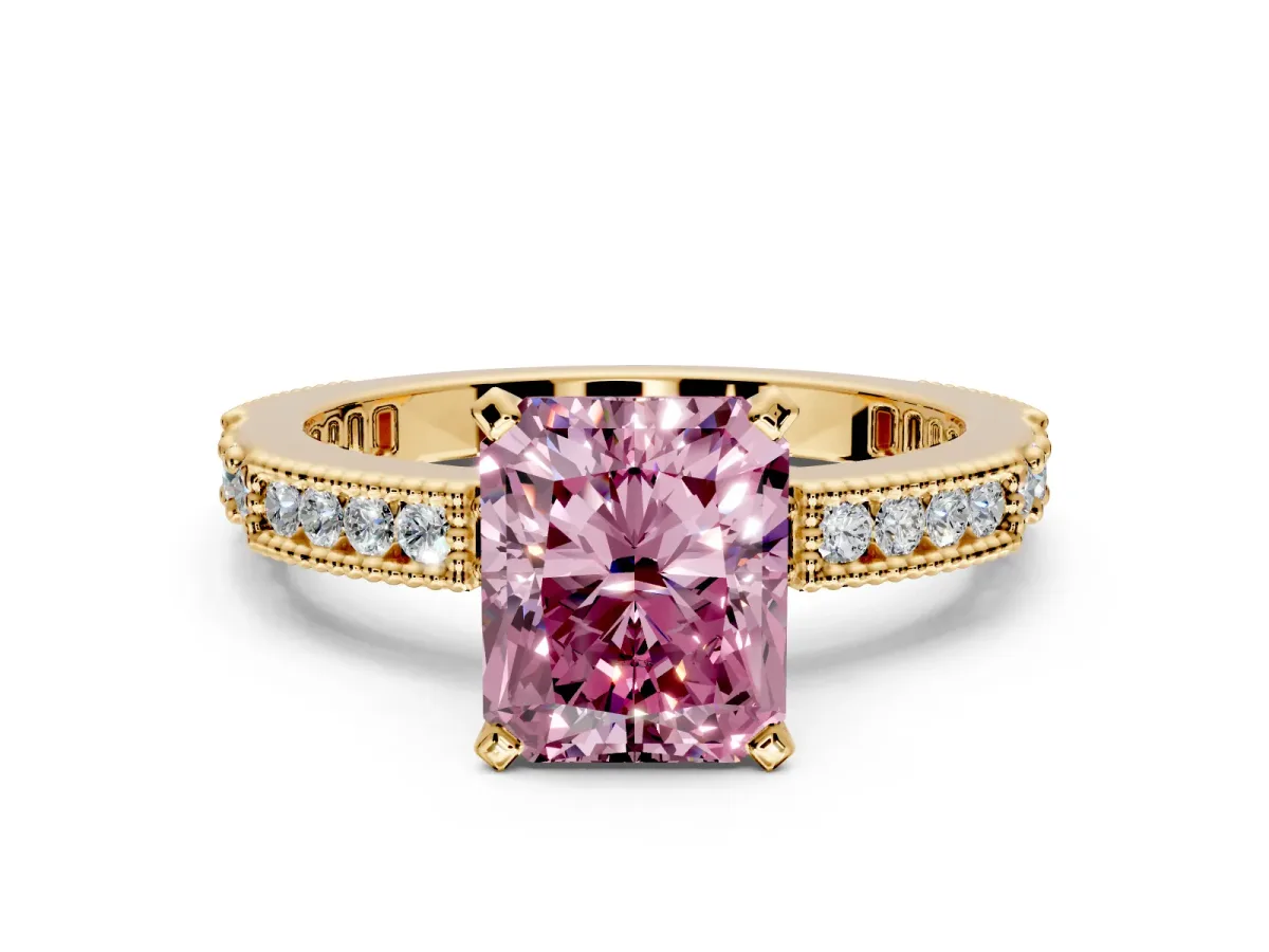 Solitaire Engagement Ring Setting for Fancy Pink Radiant Cut Center with Milgrain-Edged Pave Band and Prong Head in Yellow Gold