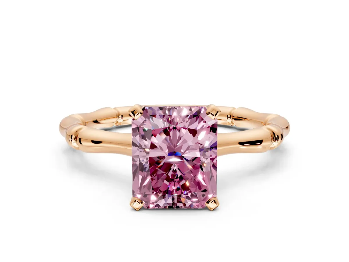 Solitaire Engagement Ring Setting for Fancy Pink Radiant Cut Center with Bamboo Band and Prong Head in Rose Gold