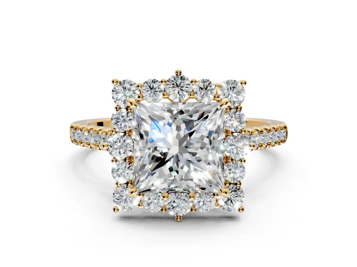 Halo Engagement Ring Setting for Princess Cut Center with Single-Row Pave, Open Basket and Prong Head in Yellow Gold