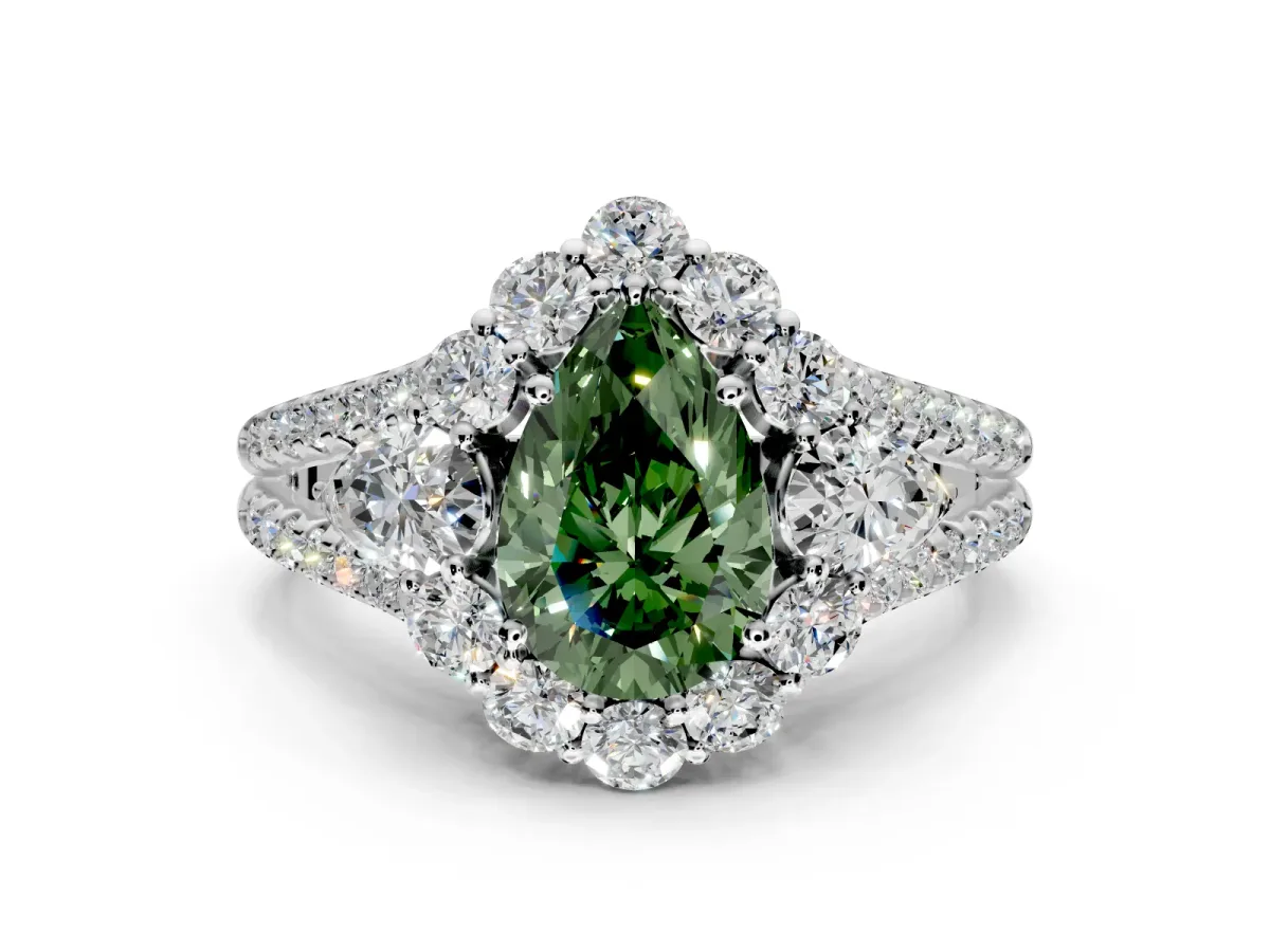 Halo Engagement Ring Setting for Fancy Green Pear-Shaped Center with Two-Strand Split Shank and Prong Head in Platinum