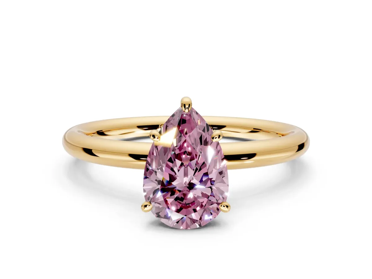 Low-Set Solitaire Engagement Ring Setting for Fancy Pink Pear-Shaped Center with Thin Plain Band and Prong Head in Yellow Gold