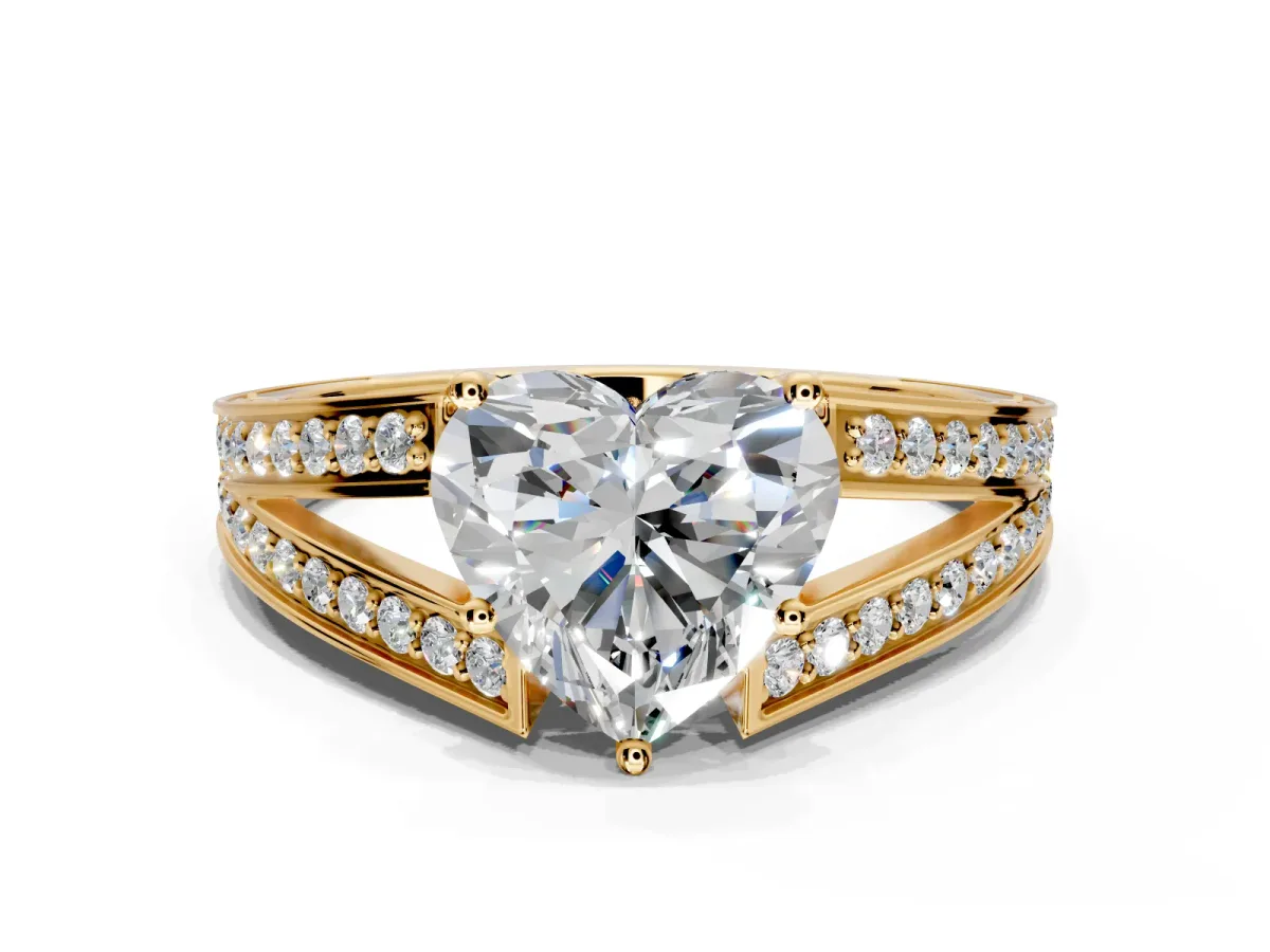 Split Shank Engagement Ring Setting for Heart-Shaped Center with Pave Split Shank and Prong Head in Yellow Gold