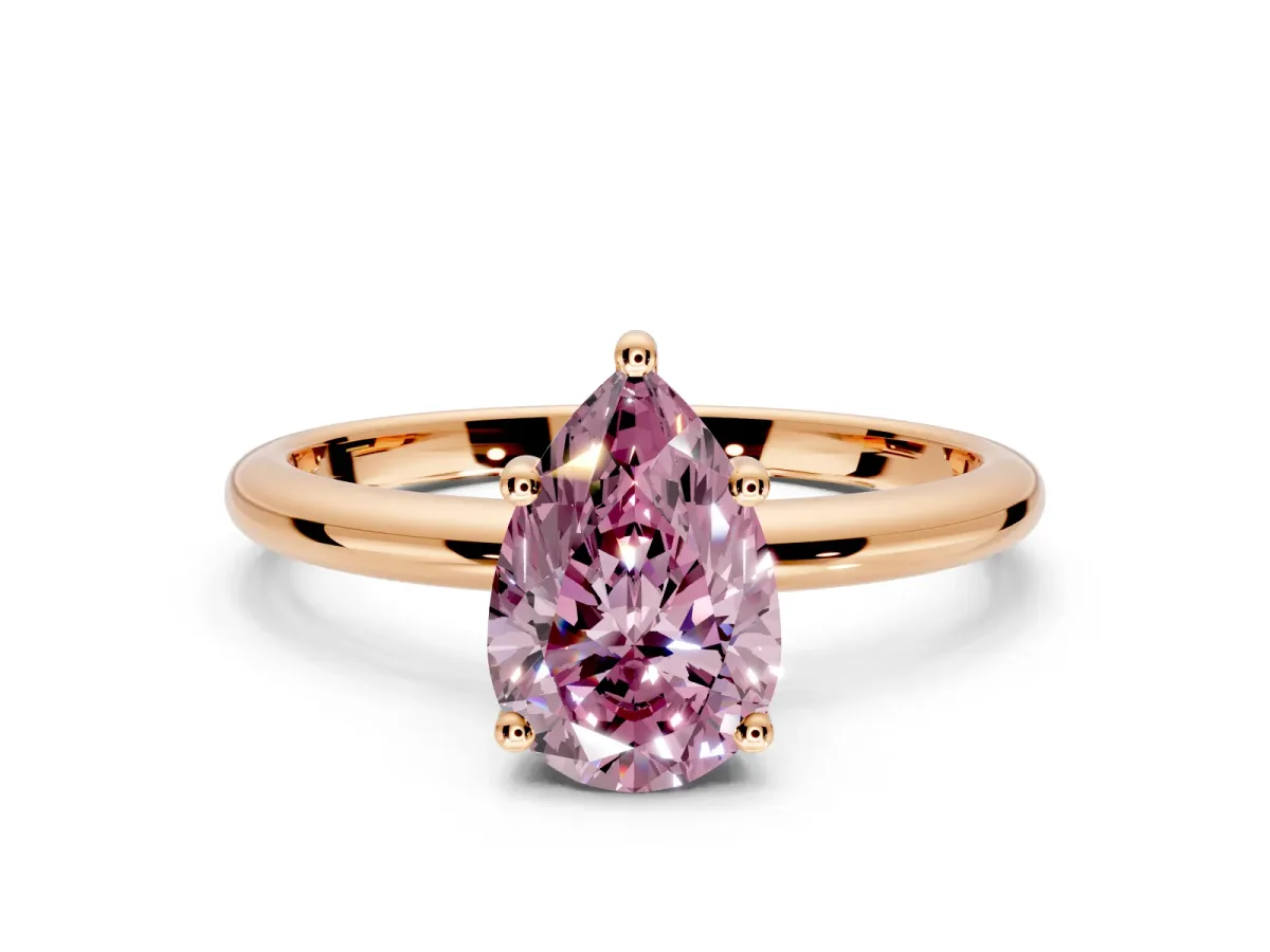 Hidden Halo Engagement Ring Setting for Fancy Pink Pear-Shaped Center with Thin Round-Wire Band and Prong Head in Rose Gold